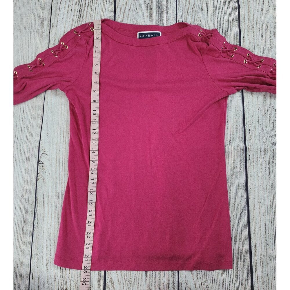 Karen Scott Women's Top Size Medium Pink Fuscia Boatneck Lace up Sleeves - Picture 6 of 6